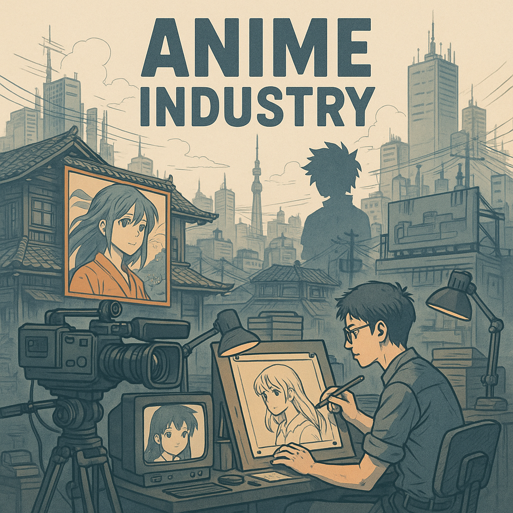 A futuristic illustration showing an AI system assisting an anime creator with digital tools, holographic storyboards, and vibrant animation elements.