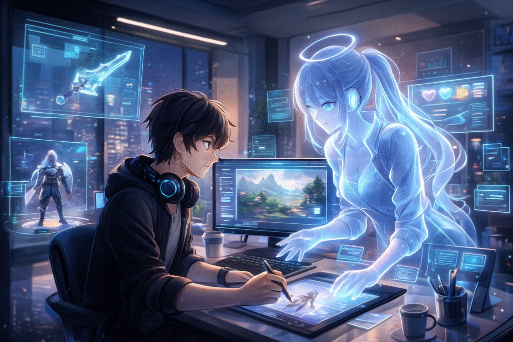 Anime-style digital artwork depicting AI assisting a game creator in a futuristic workspace. A holographic AI assistant and floating hologram UI elements help a male game developer as he works, representing advanced AI-powered game development.