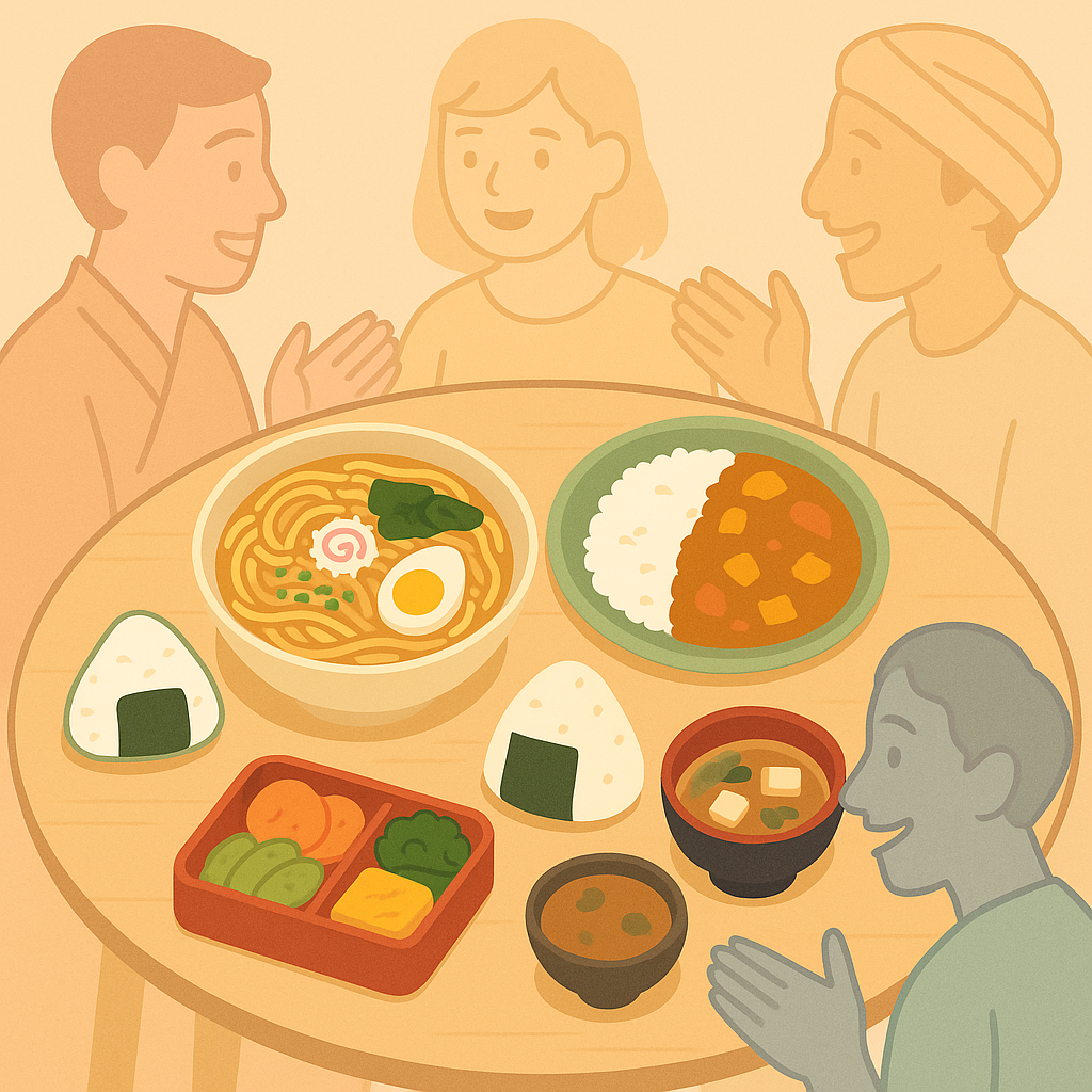 A top-down flat-design illustration of a Japanese dining table with ramen, curry rice, onigiri, miso soup, and a bento box, surrounded by diverse people from different countries enjoying the meal together.