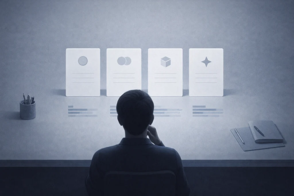 Minimalist buyer’s guide scene showing a creator comparing four plan cards with a credit counter visualization to choose the right Runway pricing plan