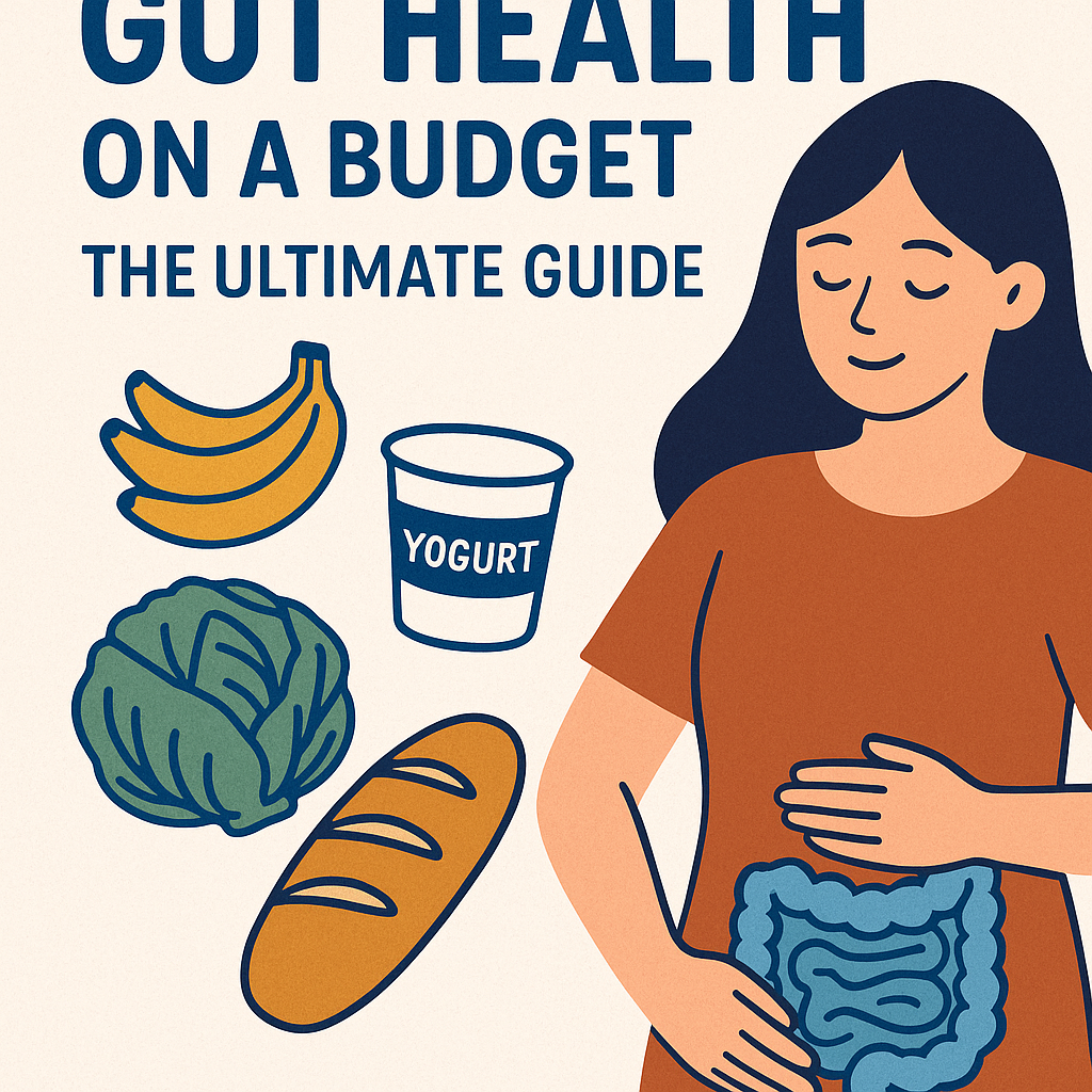 A flat-design illustration showing a woman gently touching her abdomen surrounded by budget-friendly gut-health foods like bananas, yogurt, cabbage, and bread, representing affordable gut health.