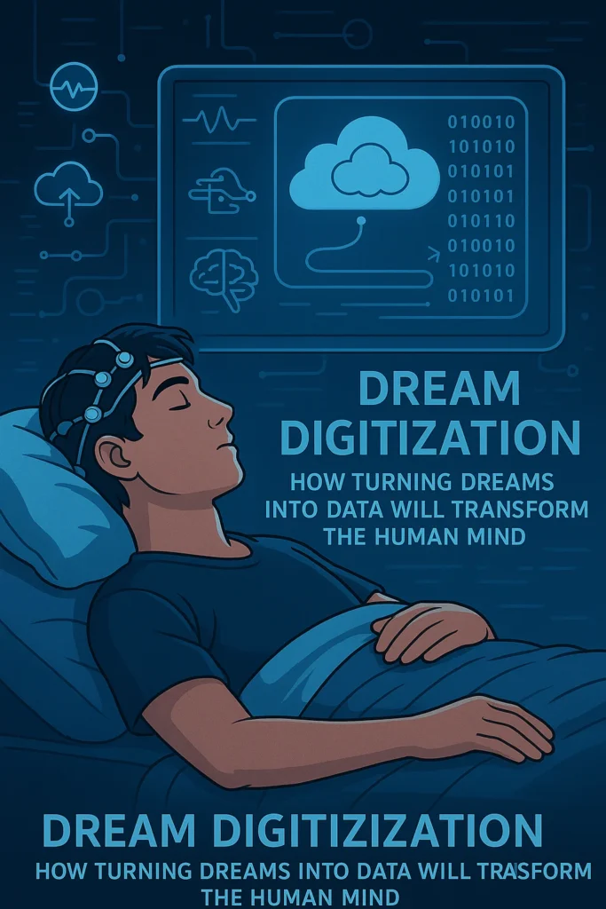 Futuristic illustration showing a person sleeping with neural sensors while their dream is digitized into data through an AI-driven visualization system.