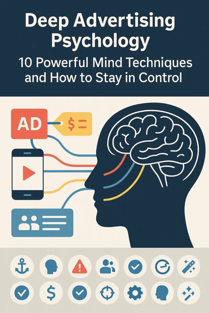 Illustration explaining how advertising psychology influences the human mind through digital ads, pricing cues, and social signals.