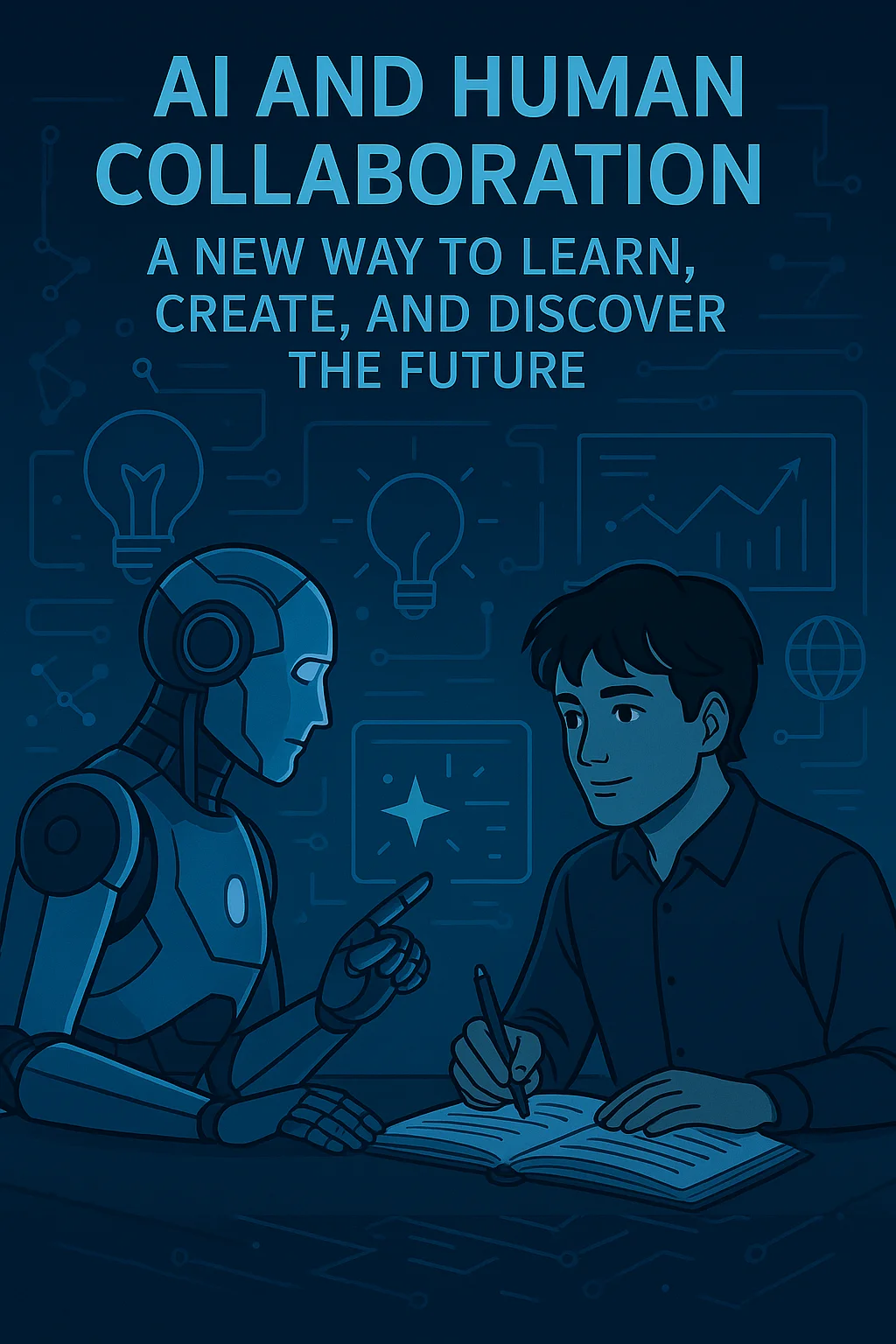 Futuristic illustration of a human and an AI robot collaborating to learn and create together in a high-tech digital environment.