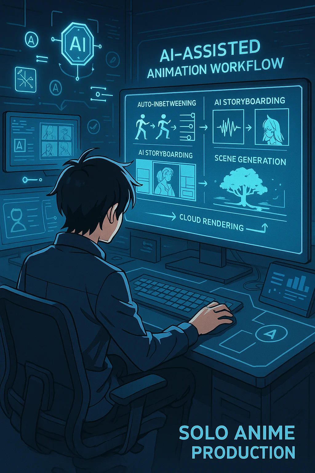 AI-powered anime studio concept illustrating a solo creator producing full-length animation using advanced automation tools.