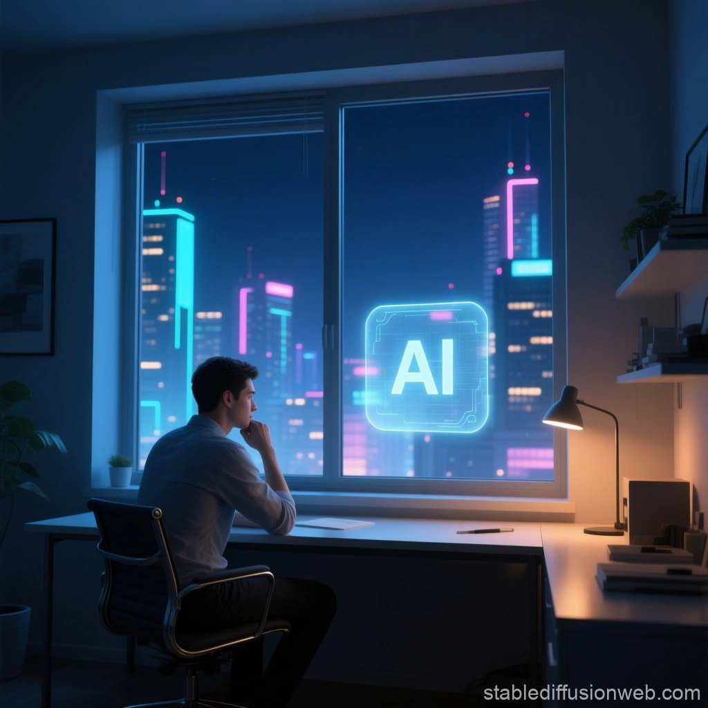 A person quietly thinking at night with a gentle AI presence acting as a thinking partner