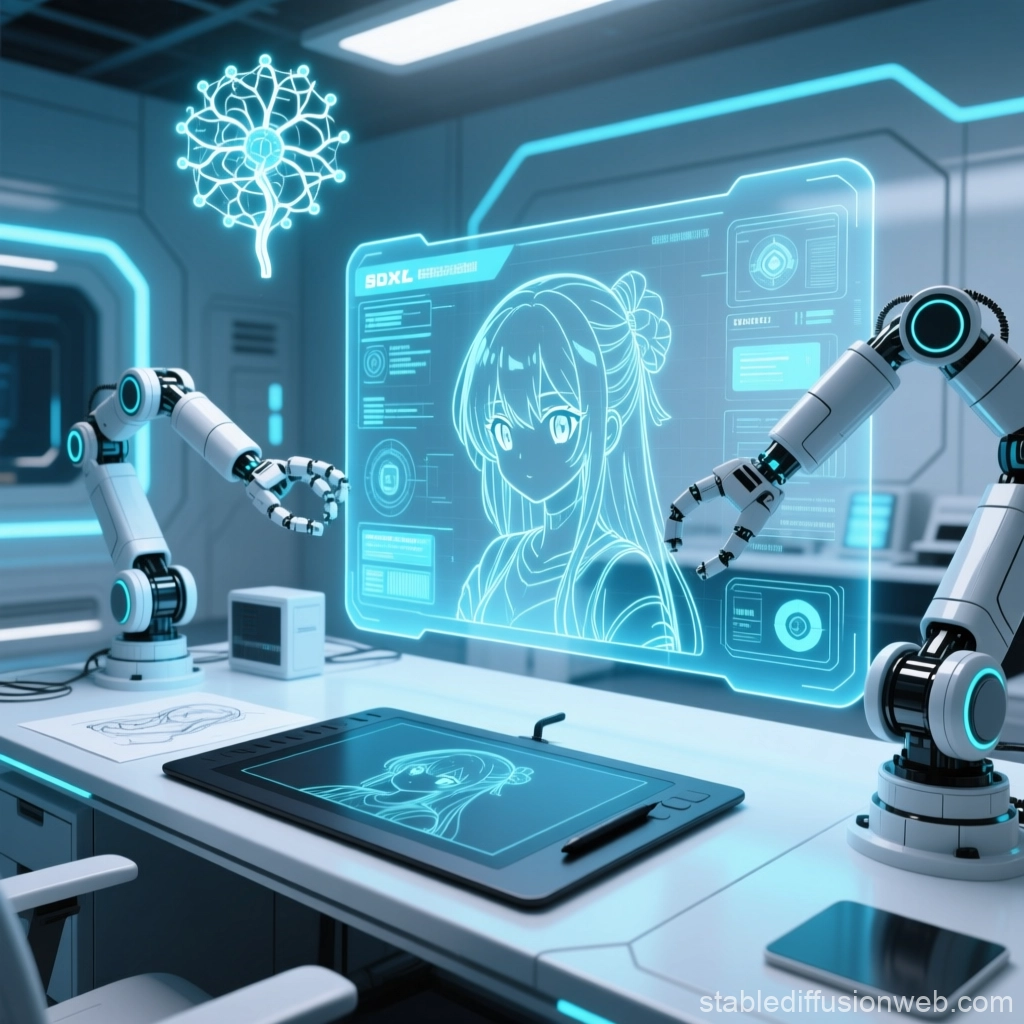 AI-powered anime production studio with robotic arms, holographic screens, and futuristic digital line art generation