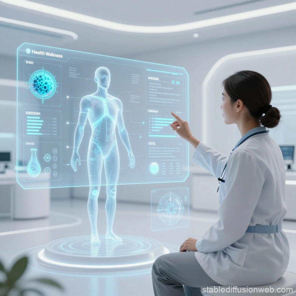 doctor analyzing a holographic human body scan using AI health technology in a futuristic medical environment