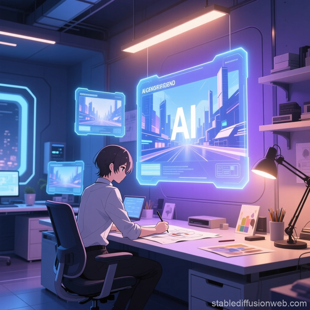 Anime artist refining AI-generated background design in a futuristic studio