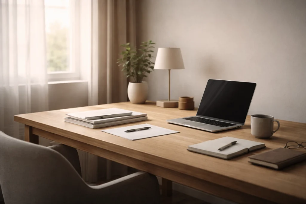 A quiet modern workspace symbolizing how AI reshapes work by shifting responsibility and decision-making rather than eliminating jobs.