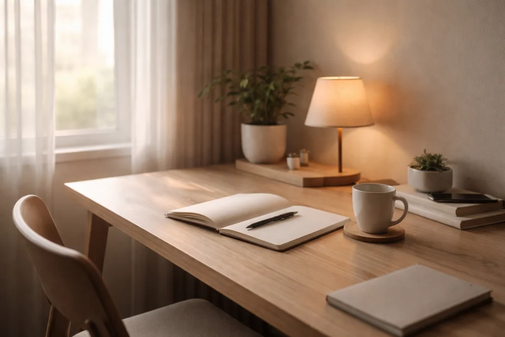 Minimalist workspace representing a calm life and work system without overthinking