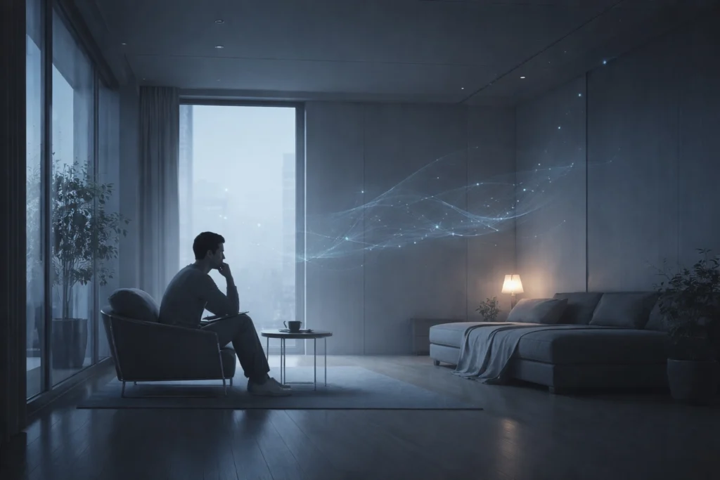 A human quietly thinking in a minimalist room as abstract AI patterns gently float in the background