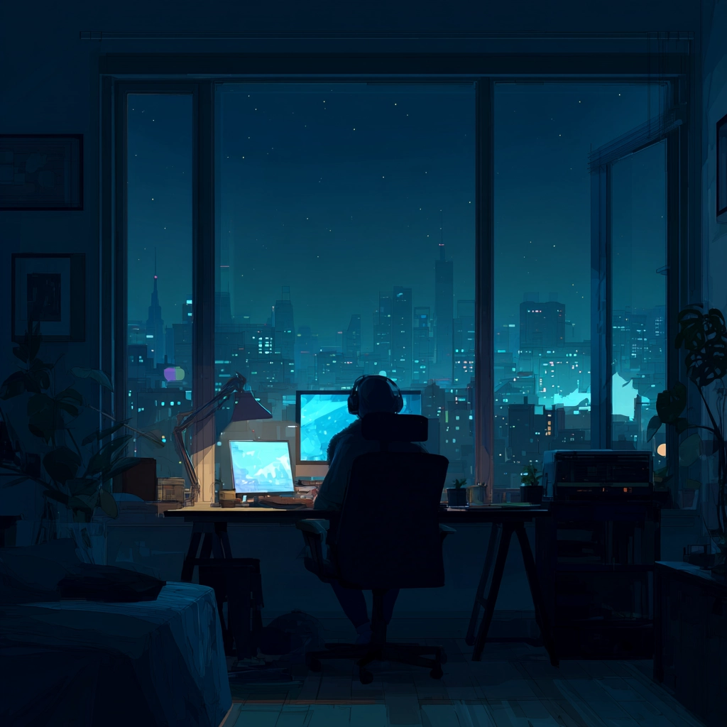 A calm nighttime workspace symbolizing quiet productivity and deep focus in the AI era