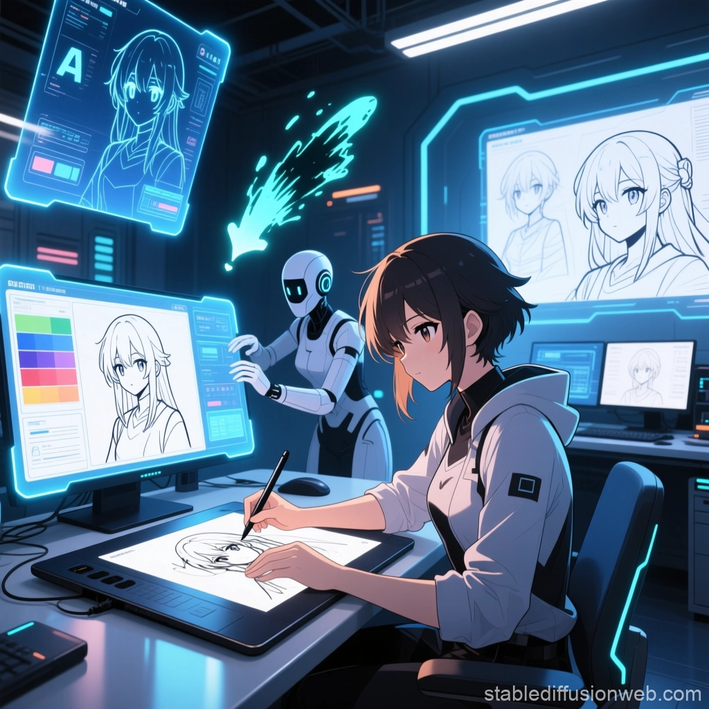 AI anime production workflow with a creator drawing on a digital tablet while an assistant robot and holographic screens generate anime line art