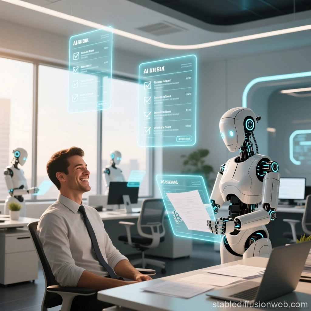 AI automating office tasks while an employee relaxes, supported by humanoid robots and holographic task panels